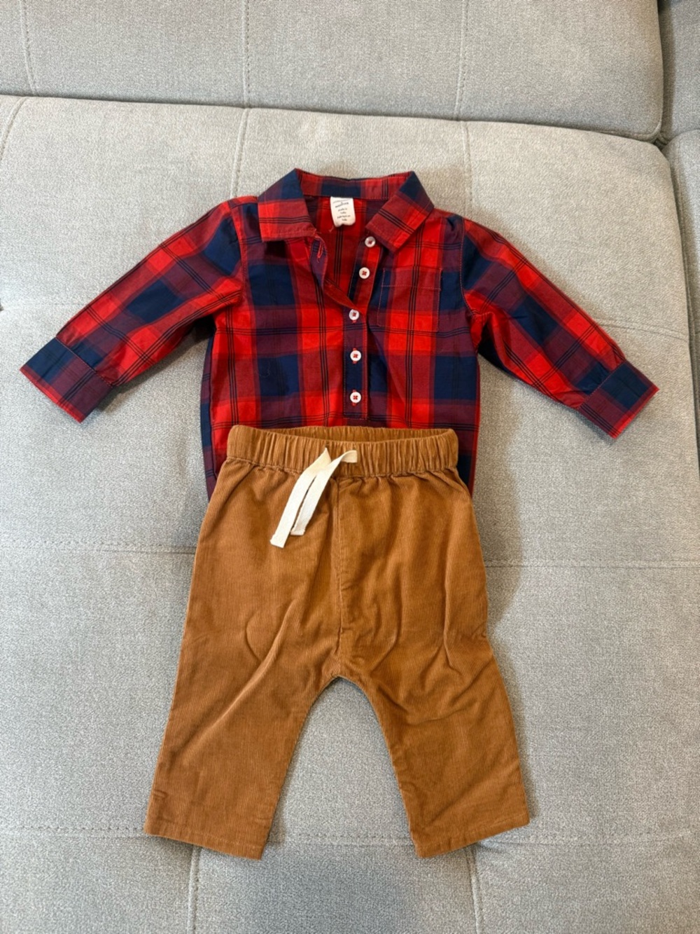 Nordstrom Red & Navy Plaid Button-Up Top with Brown Corduroy Pants 3m cute fall